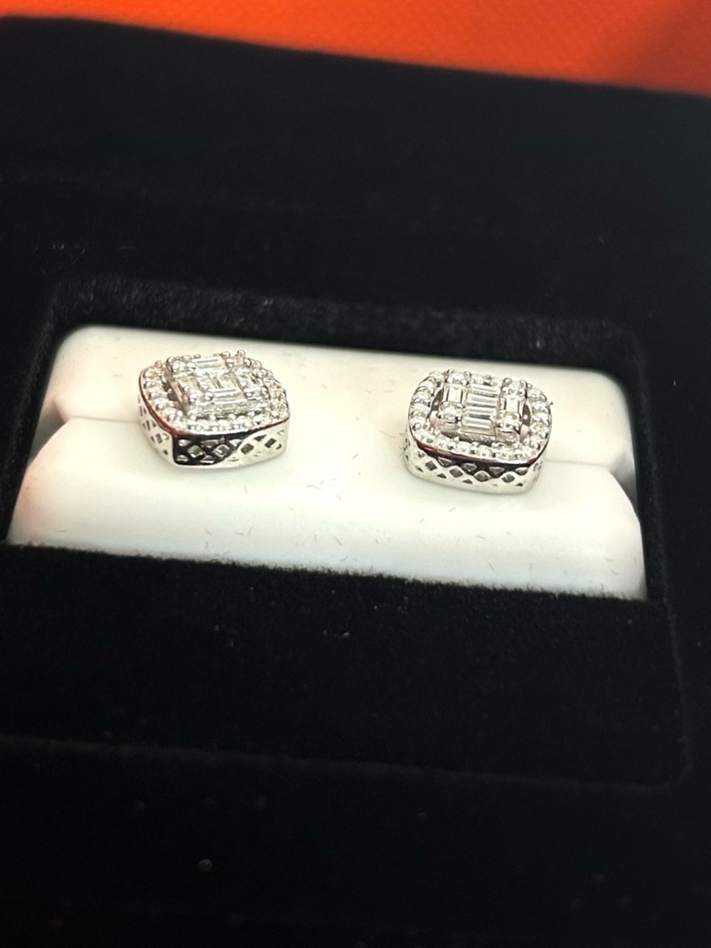NWT 925 Sterling Silver Moissanite Halo Square Stud Earrings -Unisex